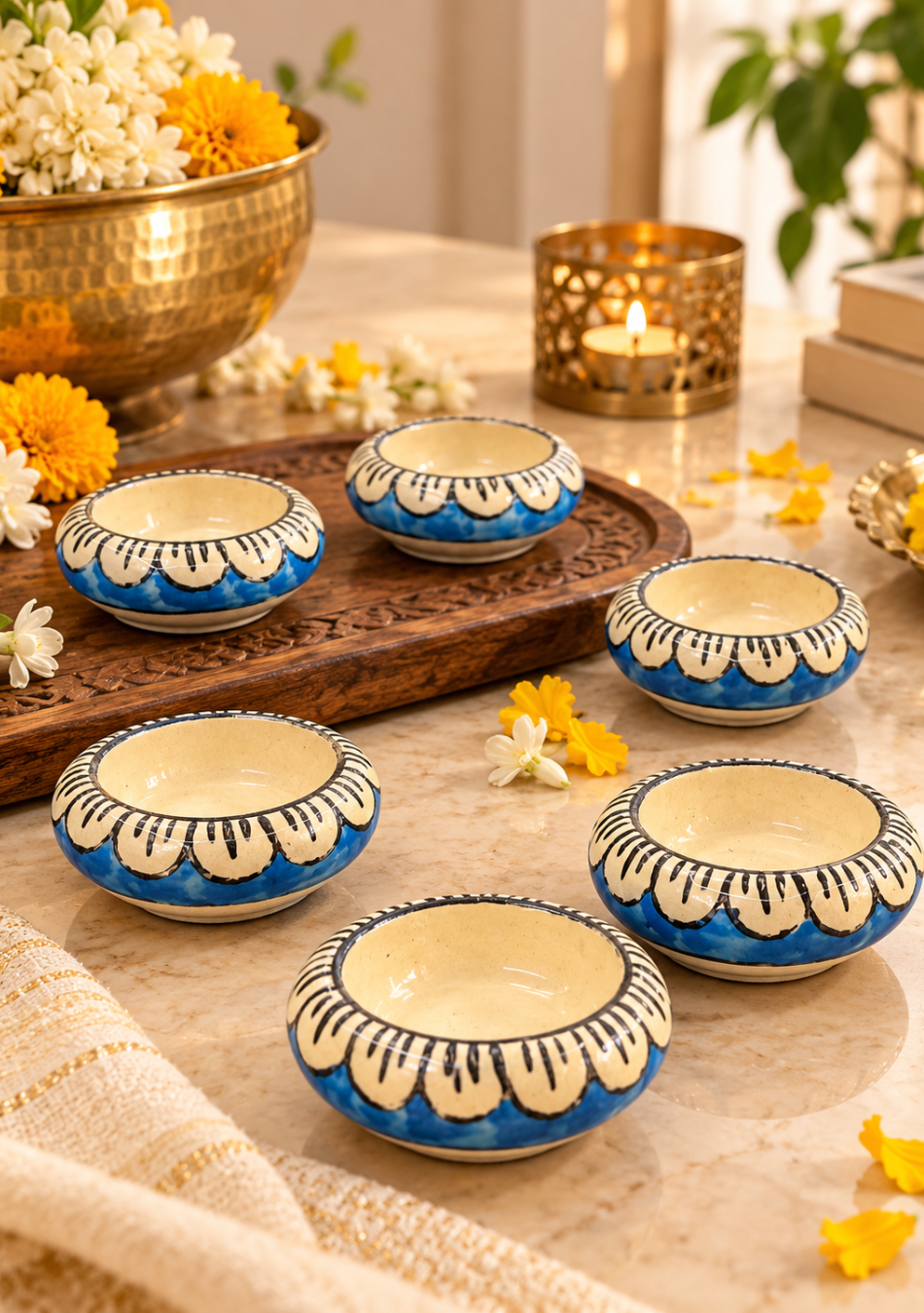 Aravalii Ocean Bloom Handcrafted Diya Set of 6