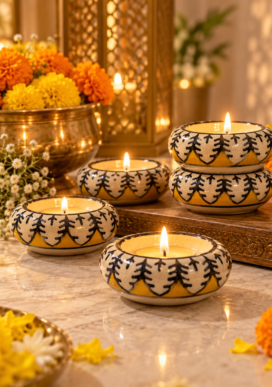 Aravalii Yellow Mustard Floral Diya Set of 6