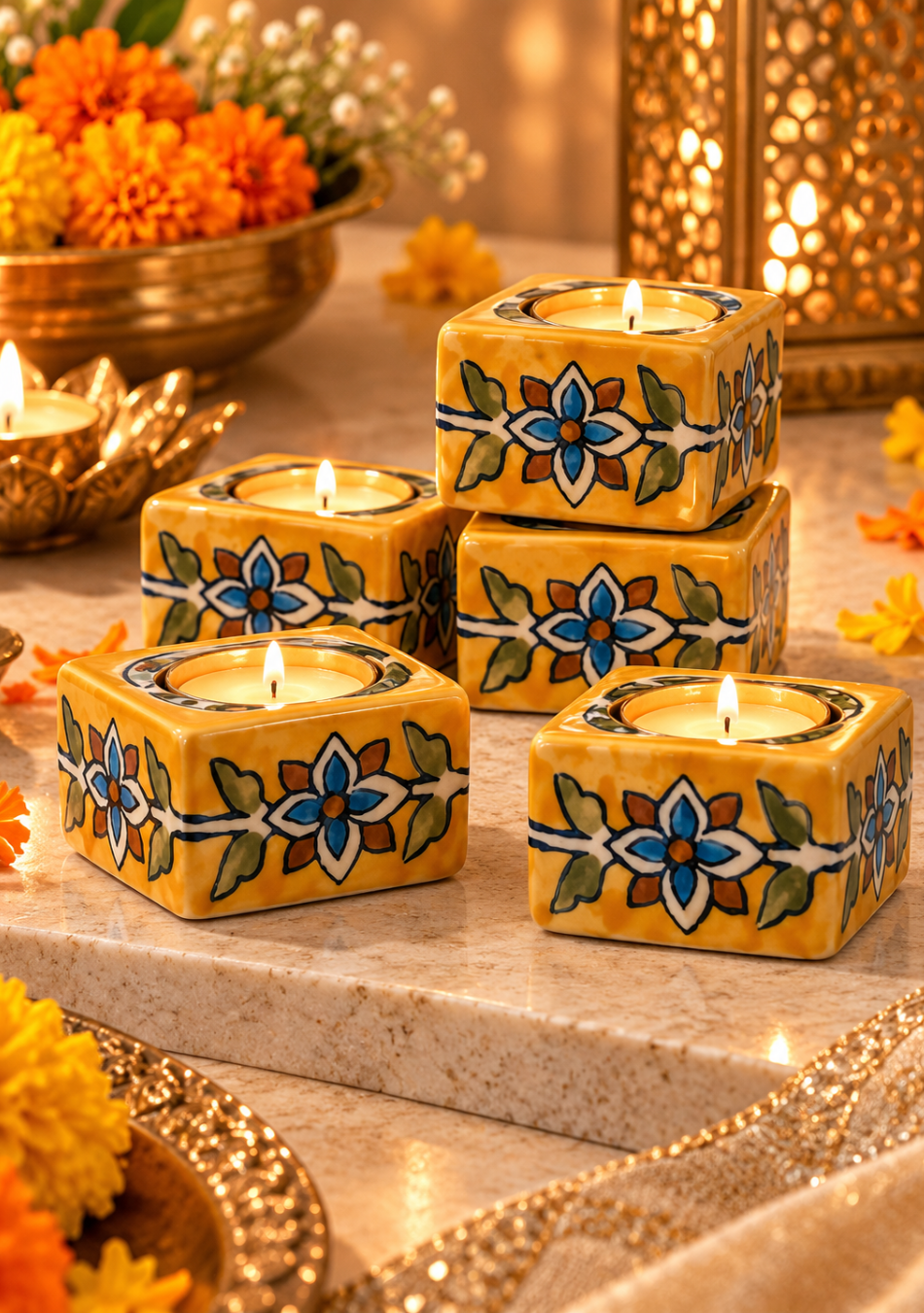 Aravalii Heritage Bloom Hand-Painted Ceramic Diya