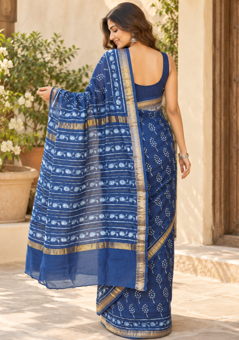 Aravalii Indigo Bloom Hand Block Chanderi Saree