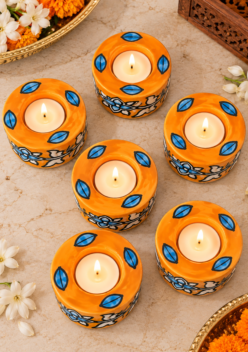 Aravalii Orange Floral Hand-Painted Tea Light Diya Set of 6