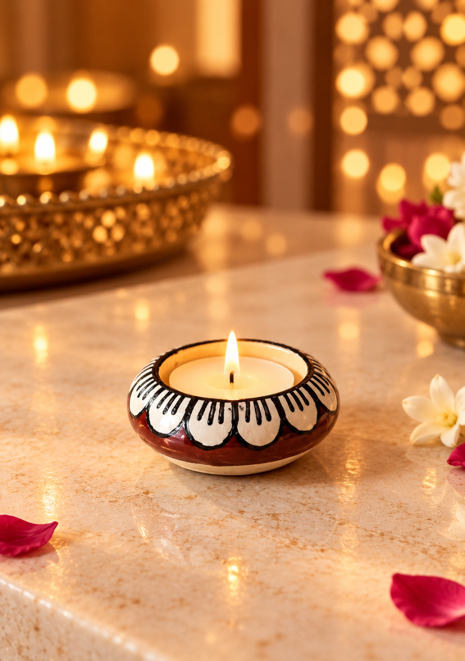 Brown leaf design Diya Set of 6
