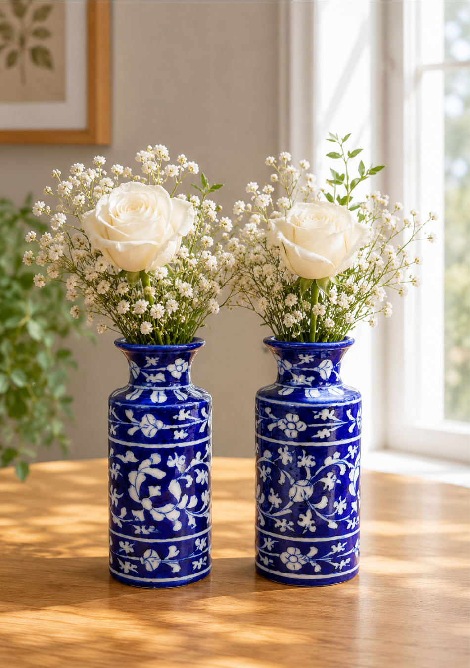 Blue Pottery White Floral Can Vase