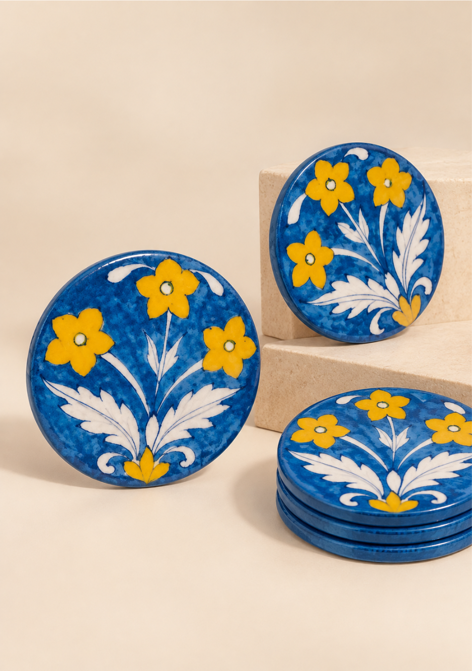 Aravalii Blue &amp; Golden Floral Coaster
