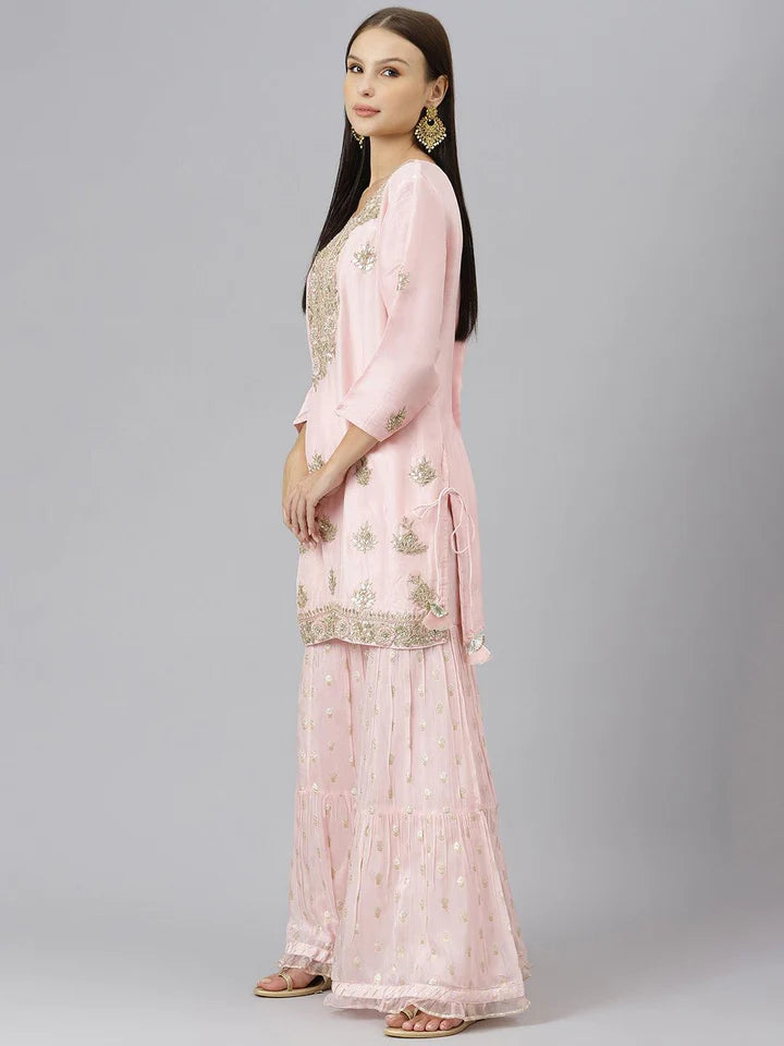 Women Pink Yoke Design Zardozi Chanderi Silk Kurta with Sharara & With Dupatta