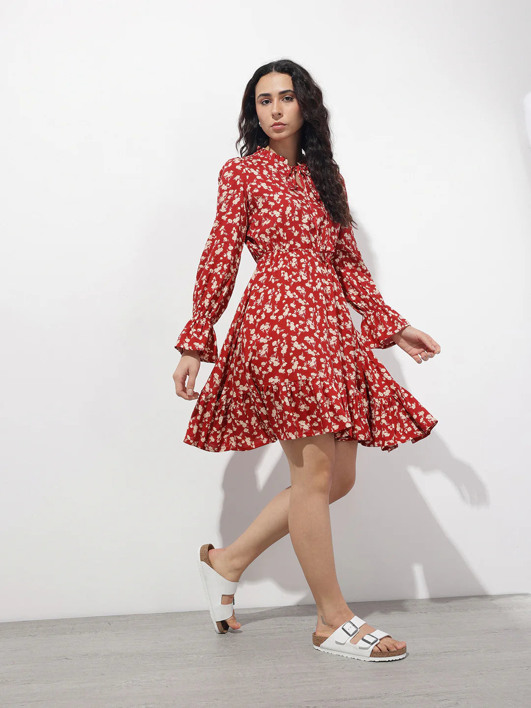 Aravalii Maroon Round Neck Floral Print Rayon Midi Dress