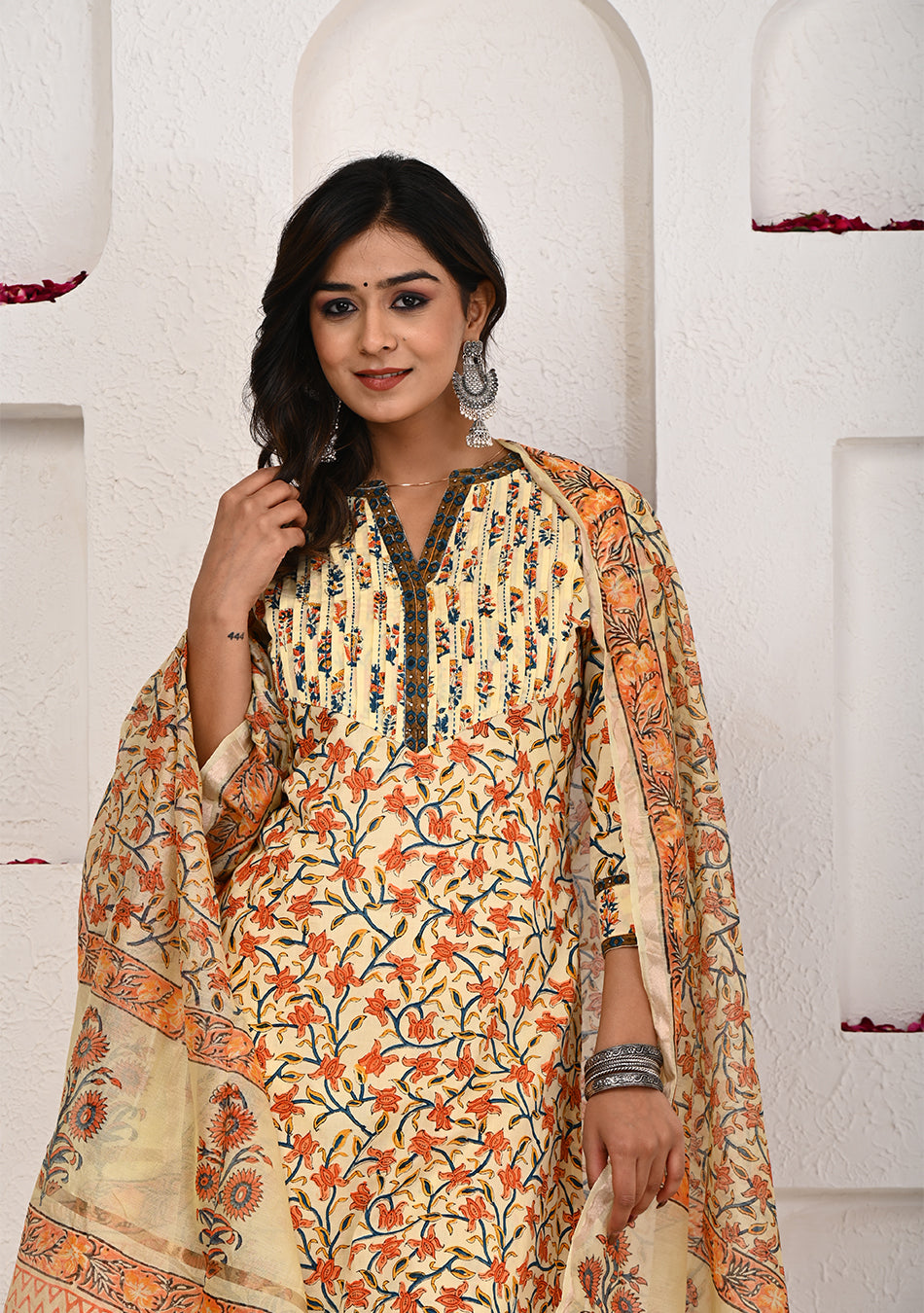 Sunlit Blossom Hand Block Print Suit Set with Chanderi Dupatta