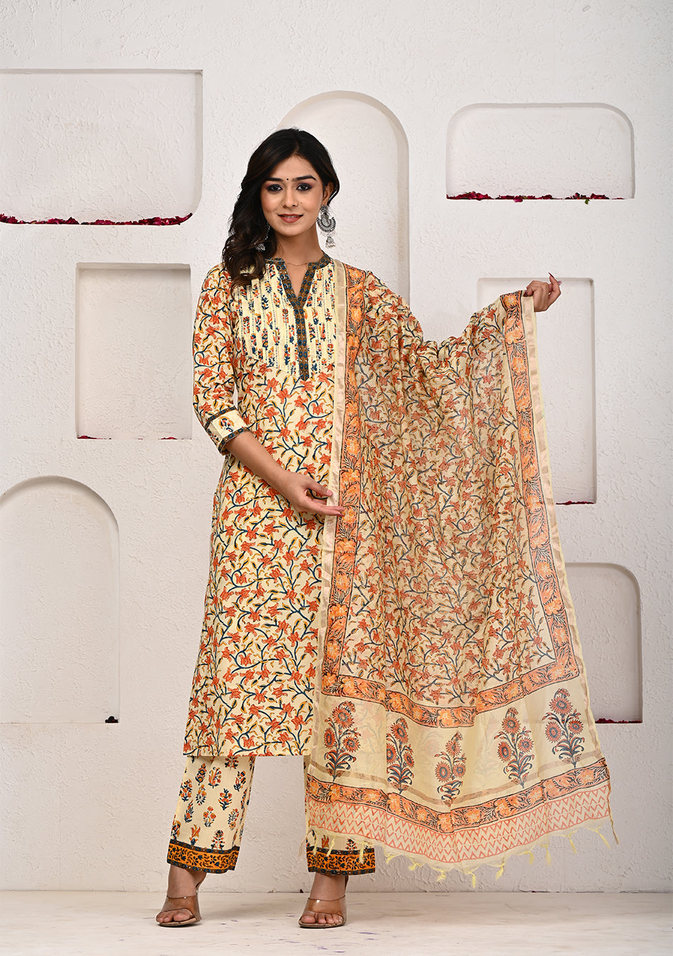 Sunlit Blossom Hand Block Print Suit Set with Chanderi Dupatta