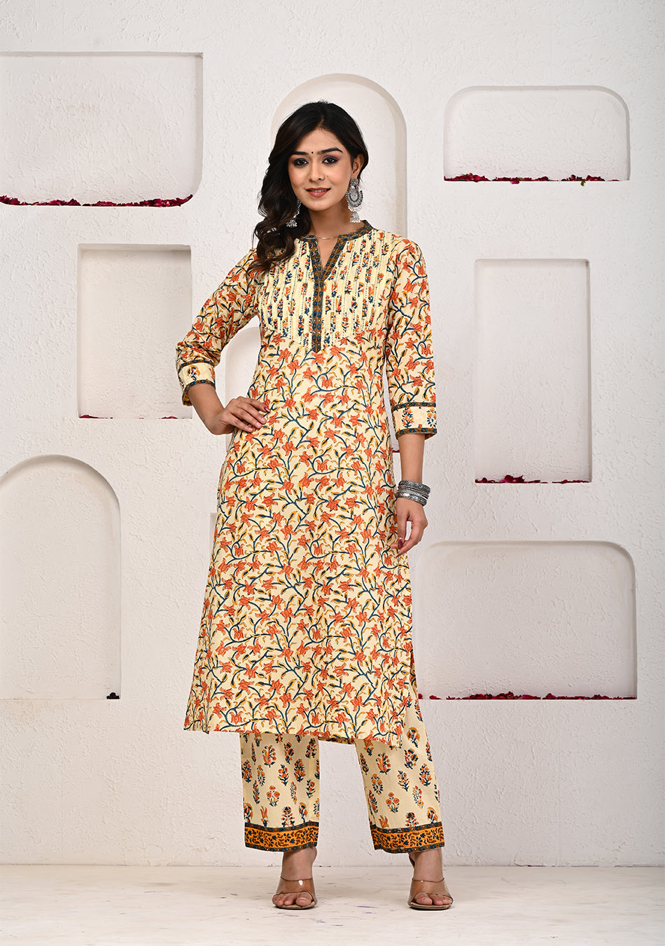 Sunlit Blossom Hand Block Print Suit Set with Chanderi Dupatta