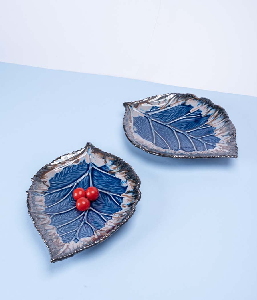 Leaf Blue-Grey Ceramic Platter Set