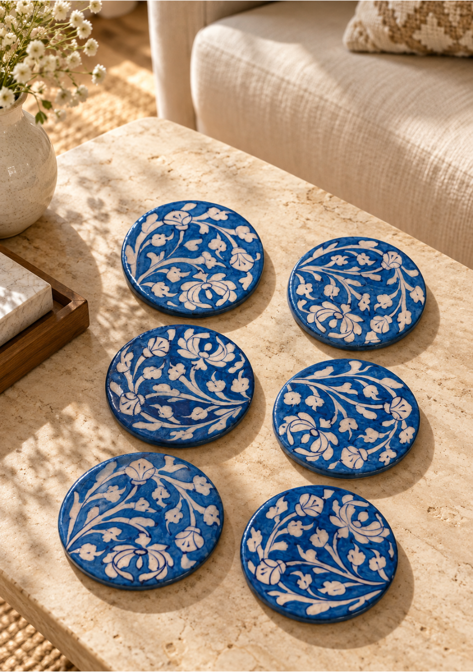 Aravalii Blue Blossom Hand-Painted Pottery Coaster