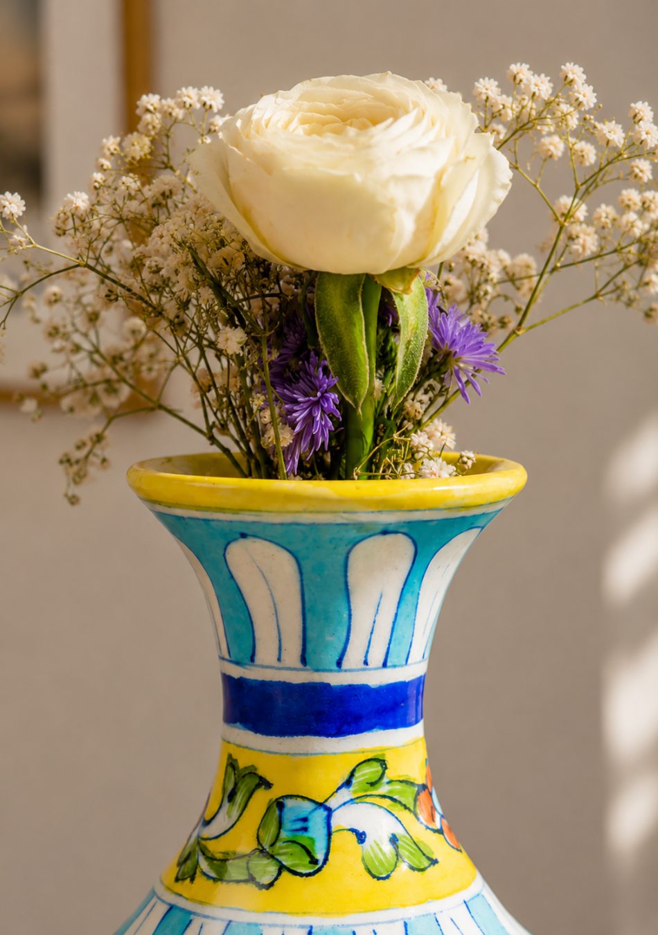 BLUE POTTERY YELLOW GENIE VASE