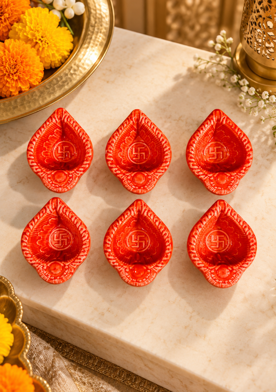 Red Swastic Diya Set of 6
