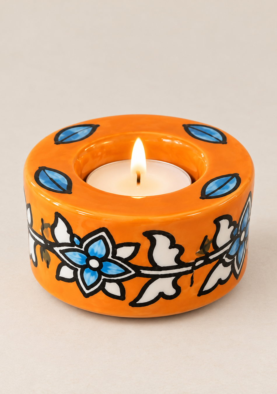 Aravalii Orange Floral Hand-Painted Tea Light Diya Set of 6