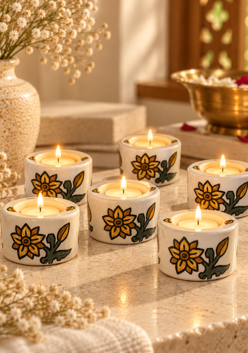 Aravalii Sunflower Bloom Hand-Painted Diya-Set of 6
