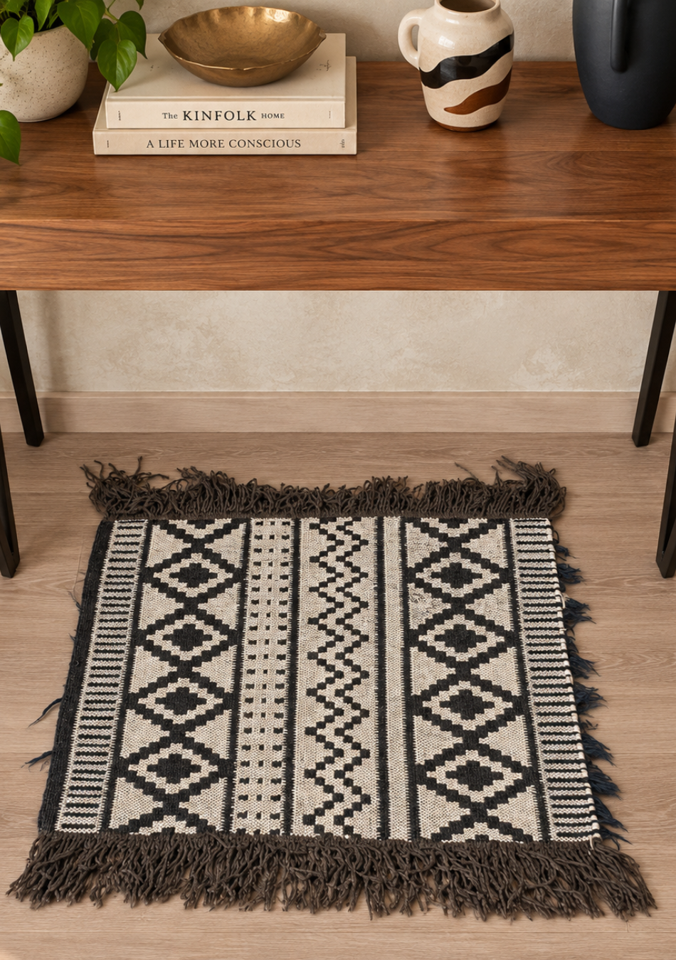 Aravalii Charcoal Tribal Geometric Mini Rug