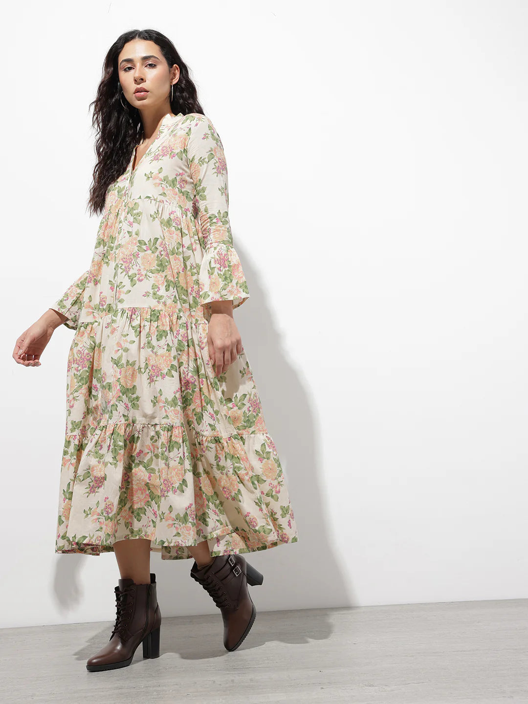 Aravalii Cream Mandarin Coller Floral Print Cotton Midi Dress