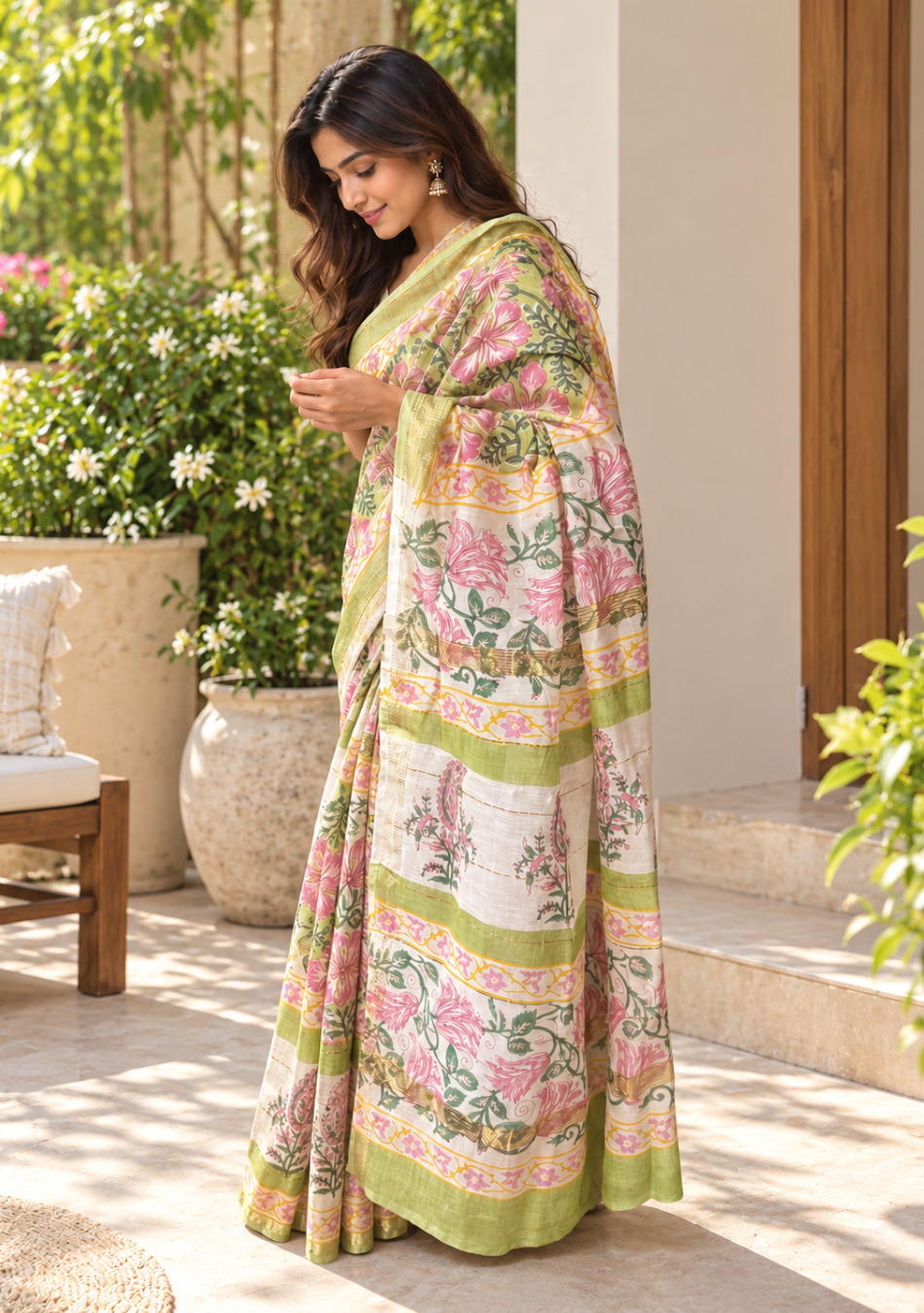 Aravalii Gulmohar Hand Block Chanderi Saree