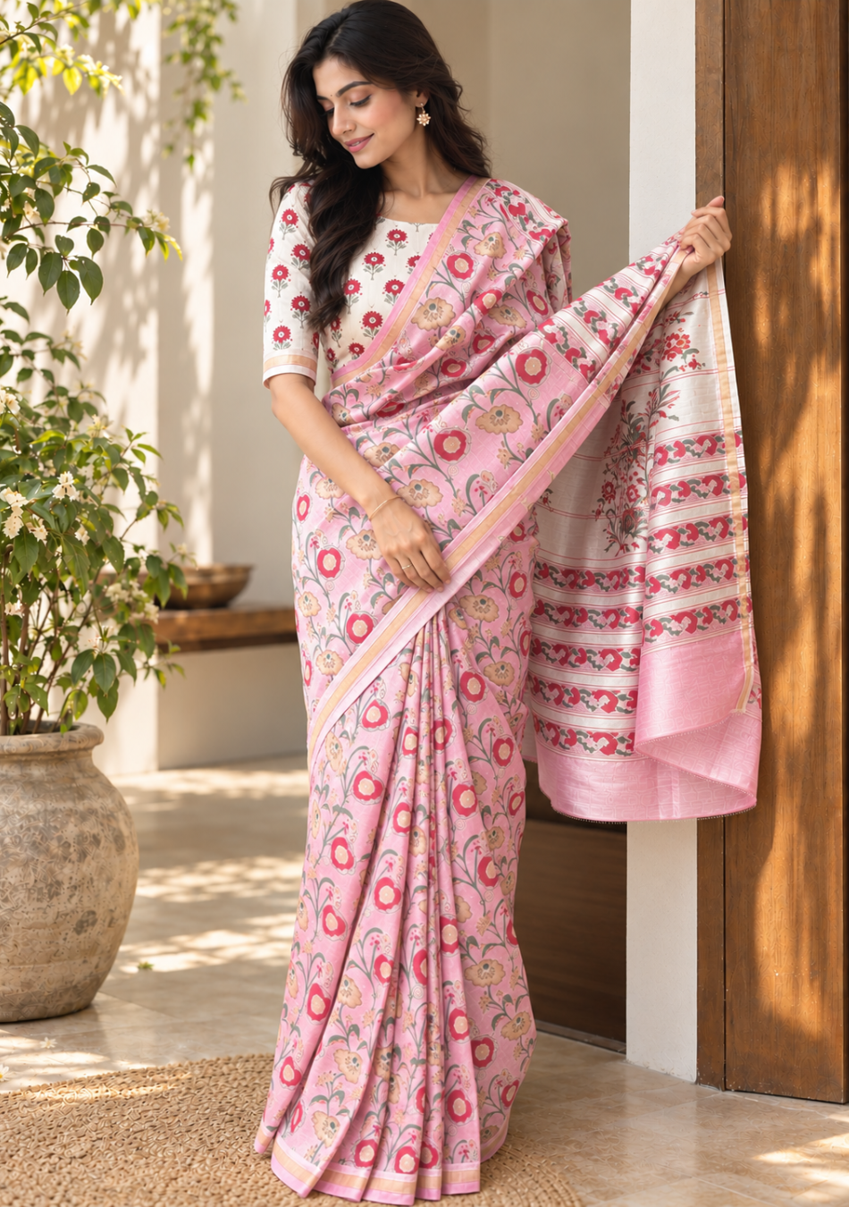 Pink Floral Chanderi Handblock Saree with Blouse Piece