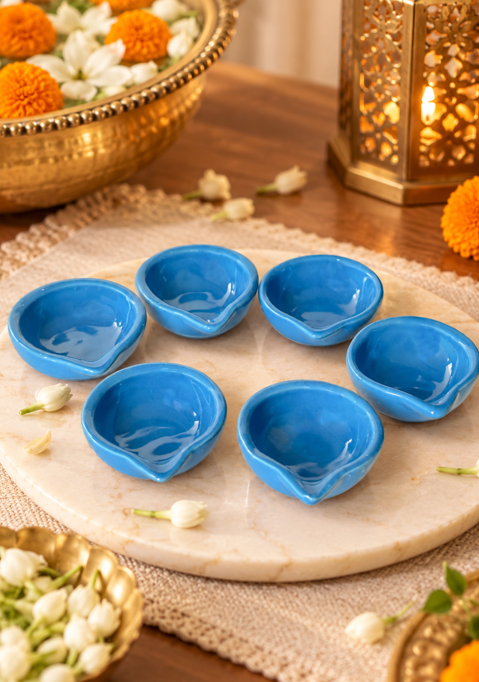 Blue glazed diya set of 6