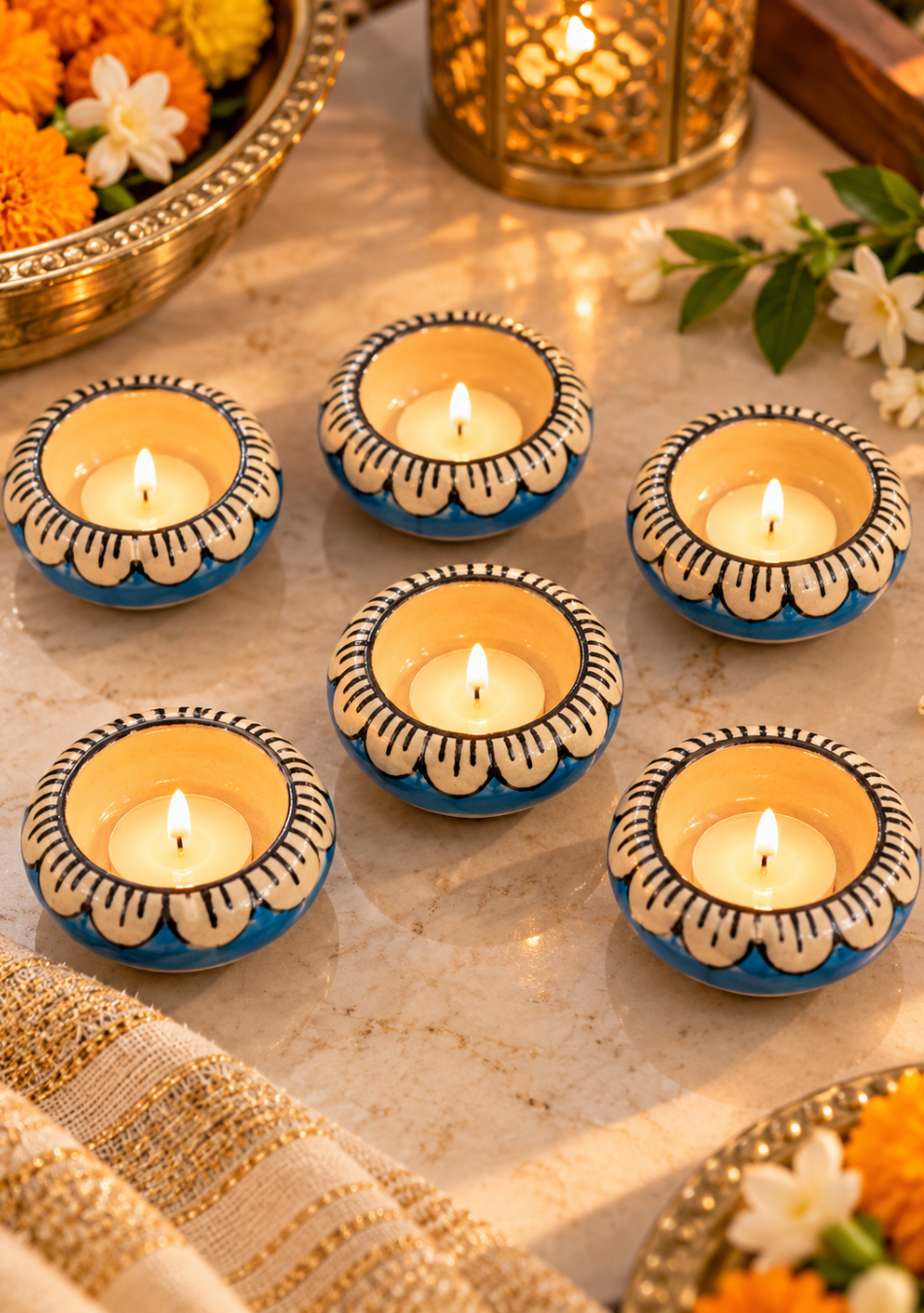 Aravalii Ocean Bloom Handcrafted Diya Set of 6
