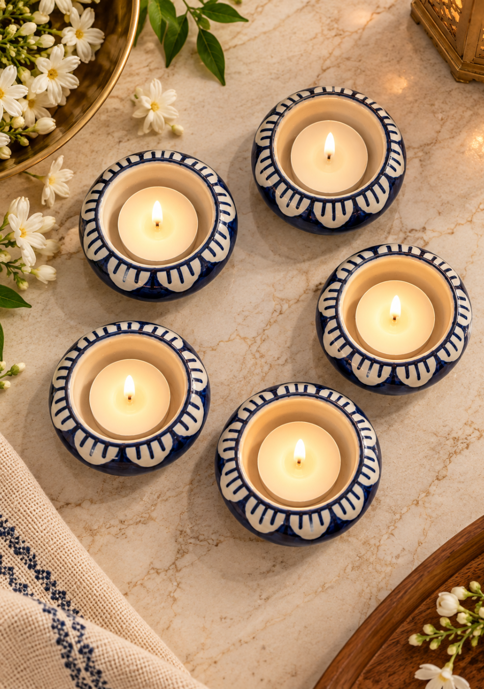 Aravalii Navy Petals Ceramic Tea Light Diya Set of 6
