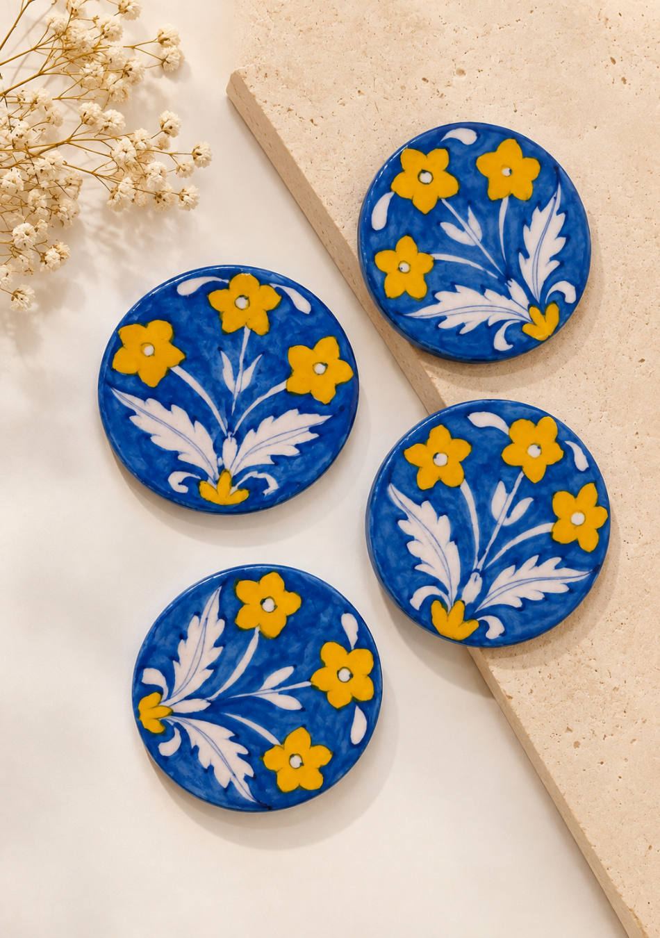 Aravalii Blue &amp; Golden Floral Coaster
