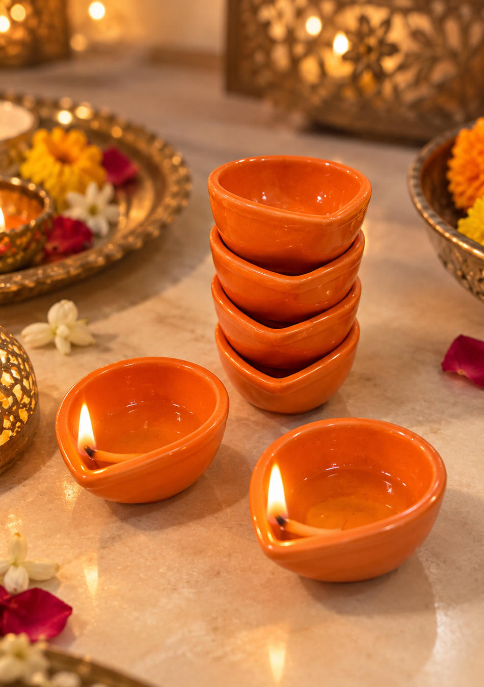 Aravalii orange Teardrop Glow Ceramic Diya Set of 6