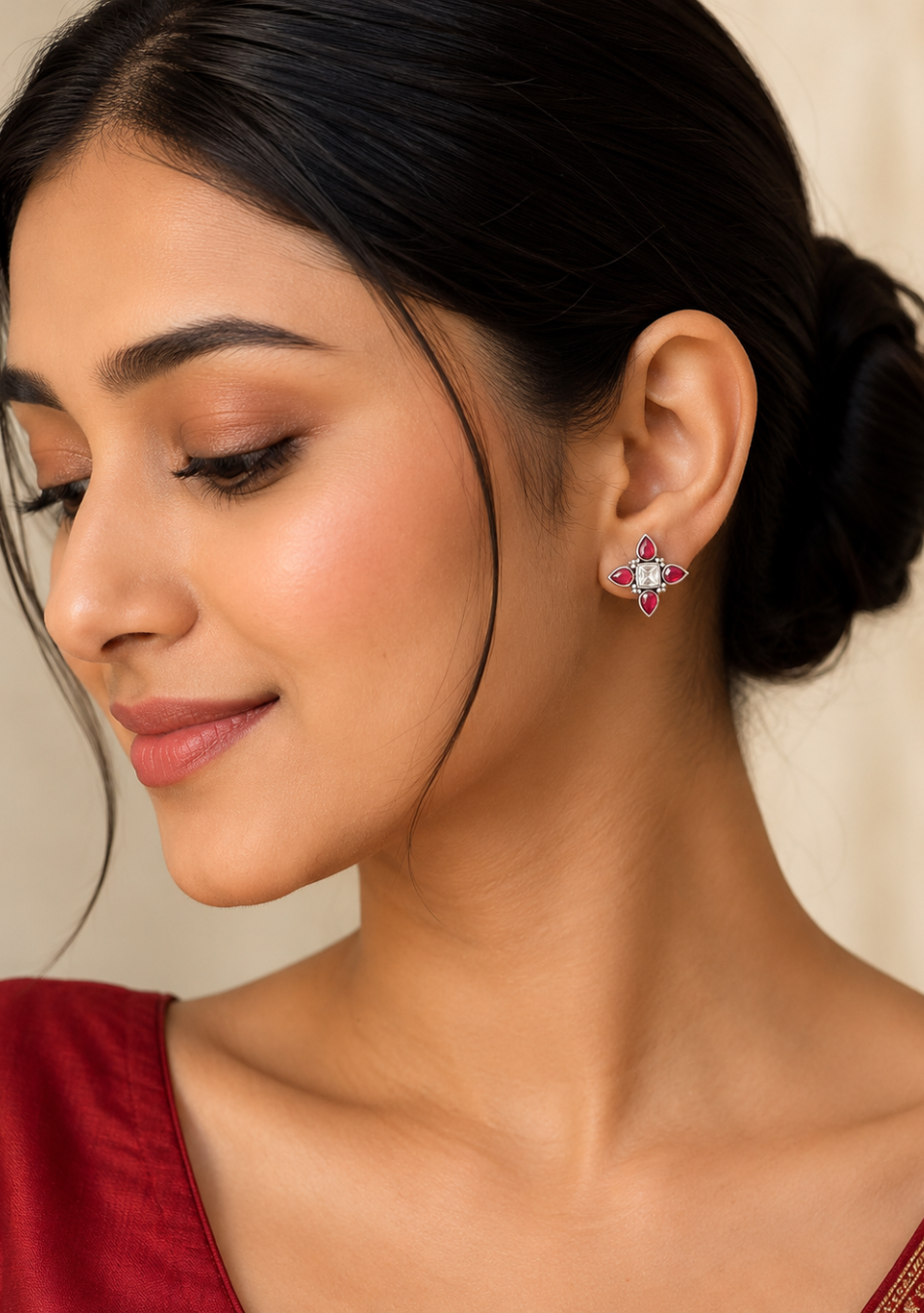 Snowy Ruby Petal Stud Earrings