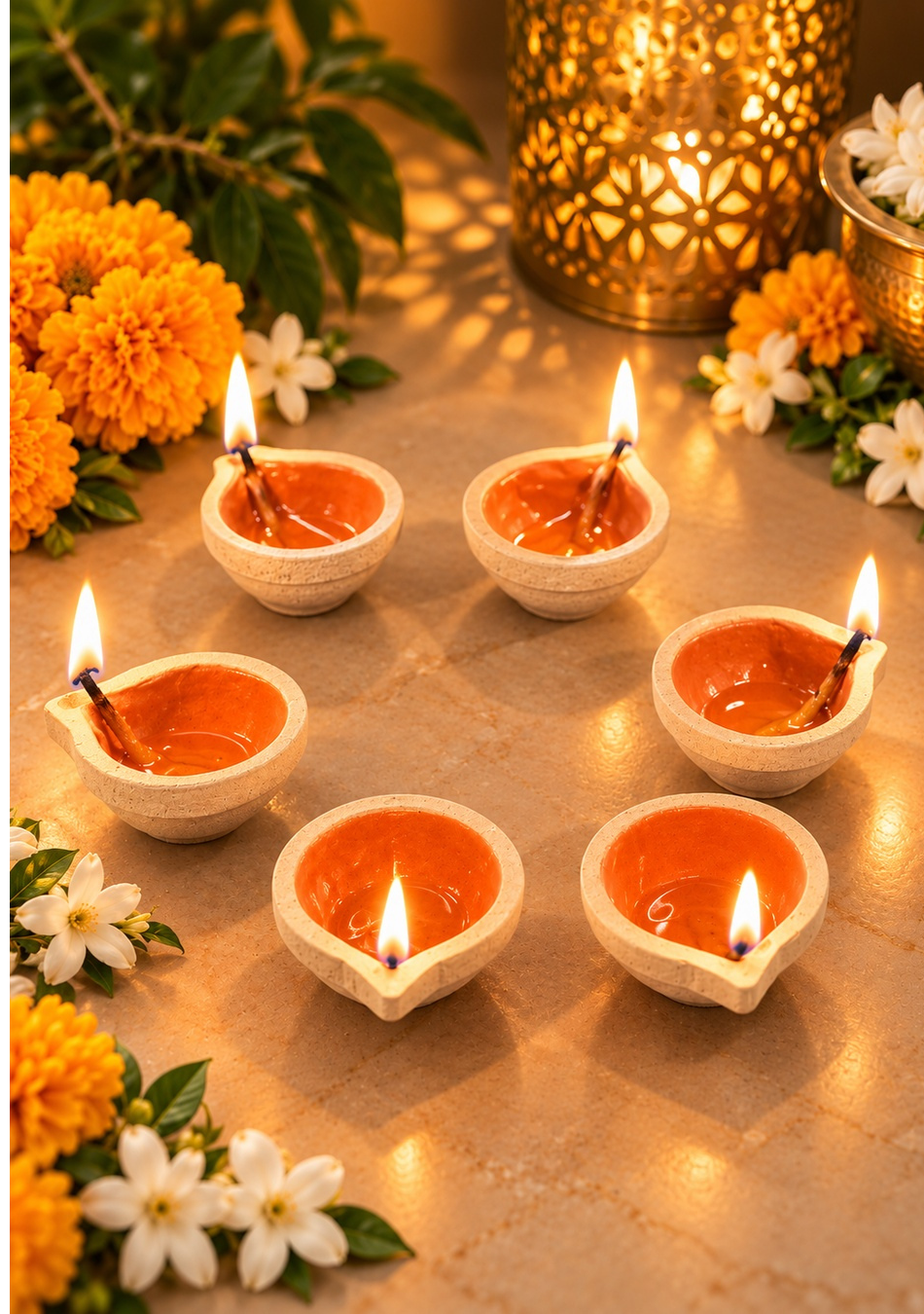 Orange Ceramic Diya - Set of 6