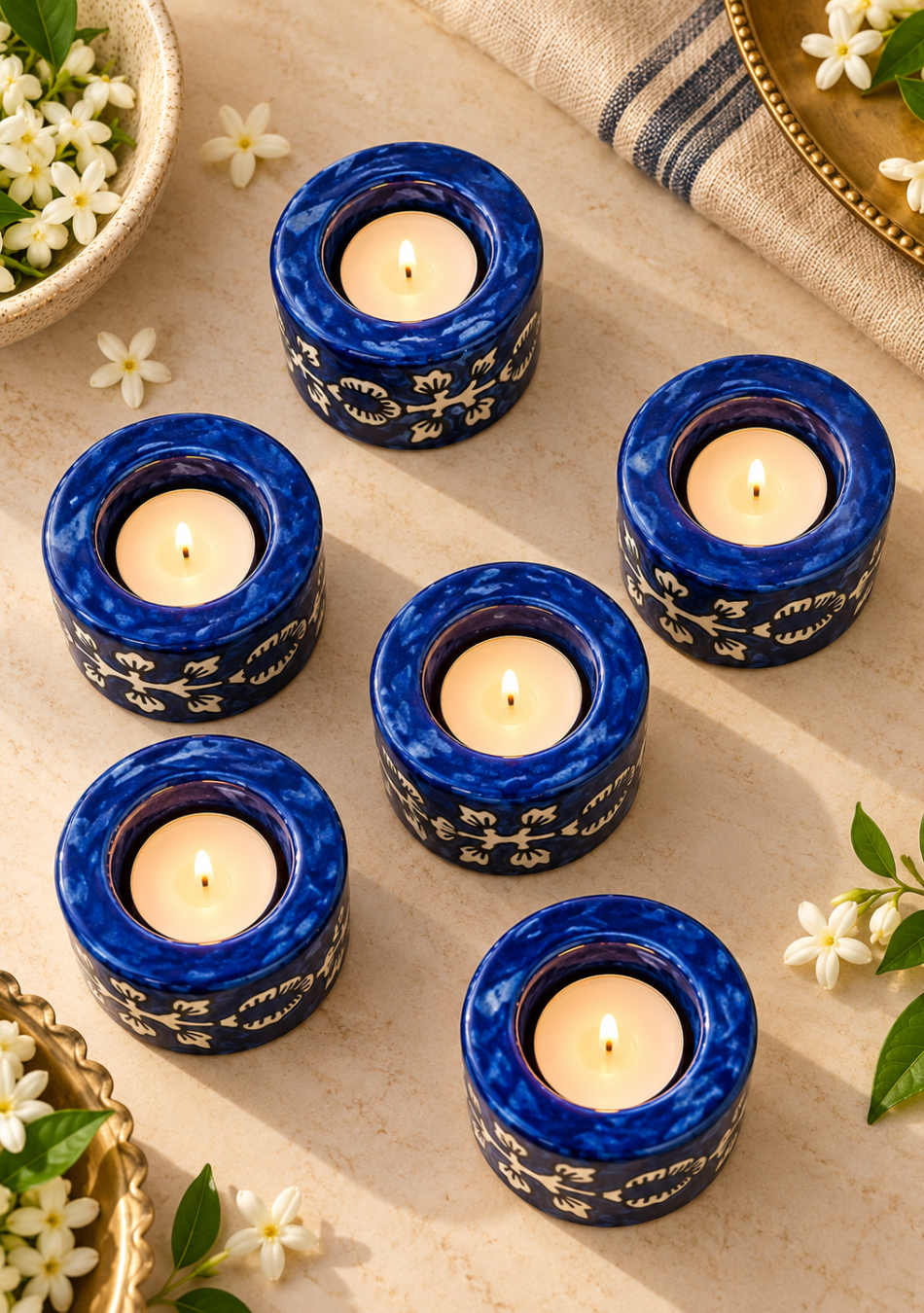 Aravalii Indigo Petals Hand-Painted Tea light Diya Set of 6