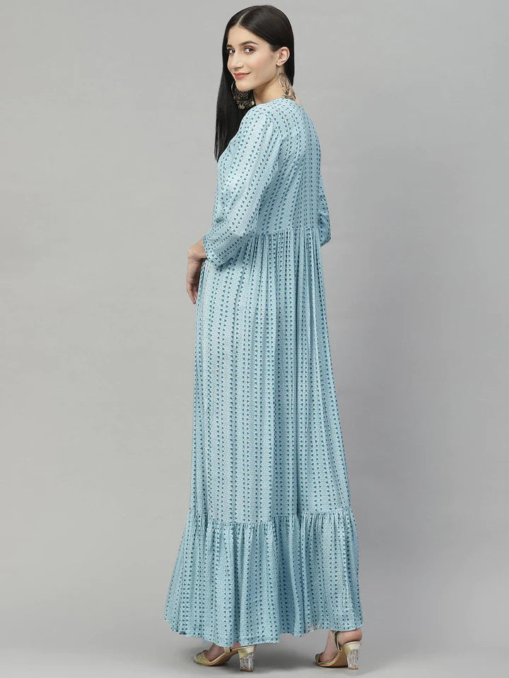Blue Muslin Flared Gown