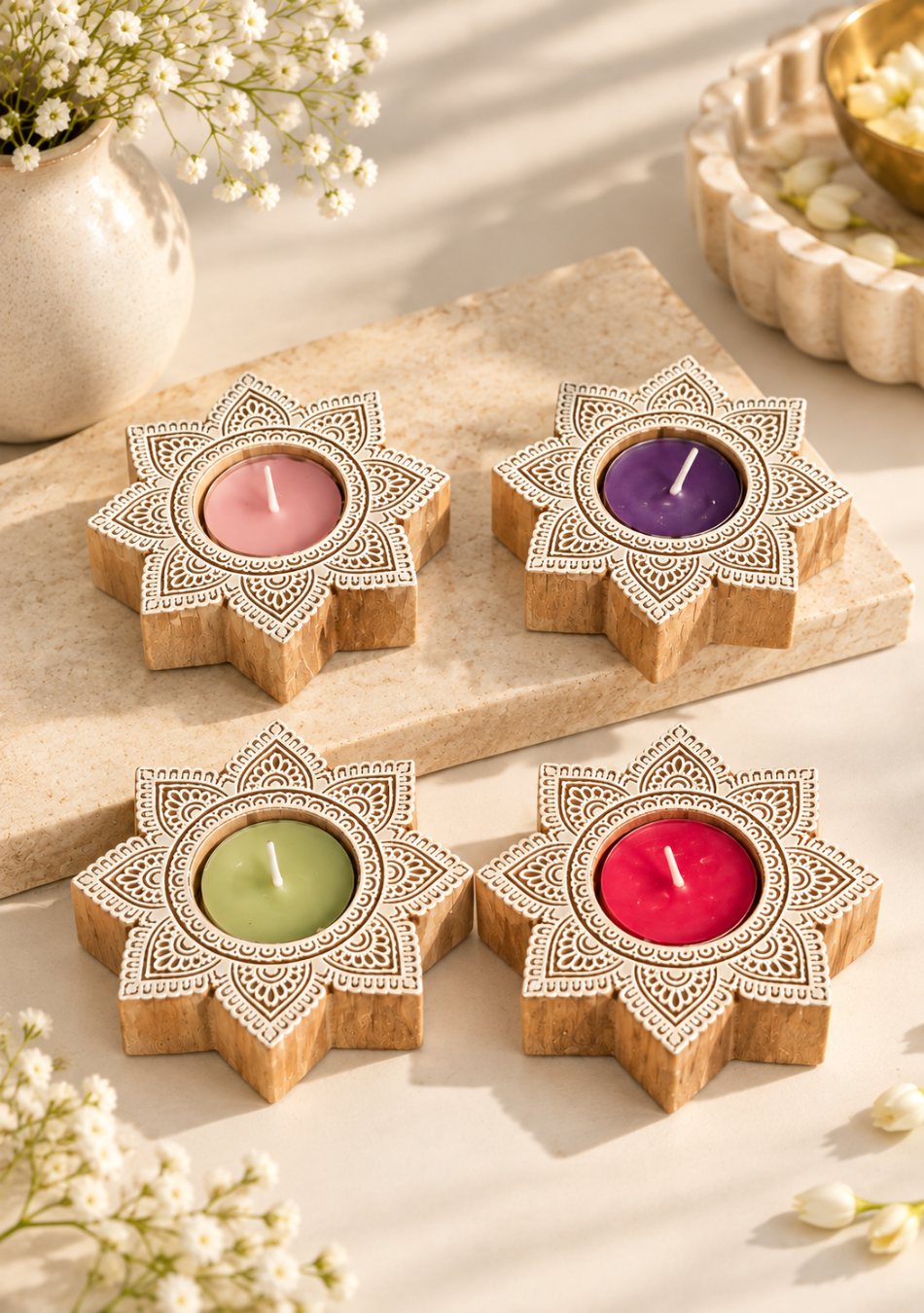 Star Carved Wood Tealight - Set of 4