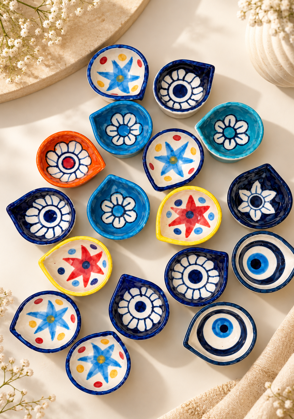 Aravalii Blue Pottery Assorted Rangoli Hand-Painted Diya - Set of 6