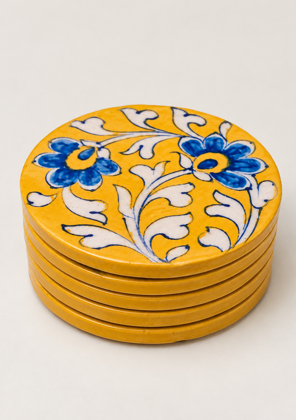 Aravalii Mustard Bloom Blue Pottery Coaster Set