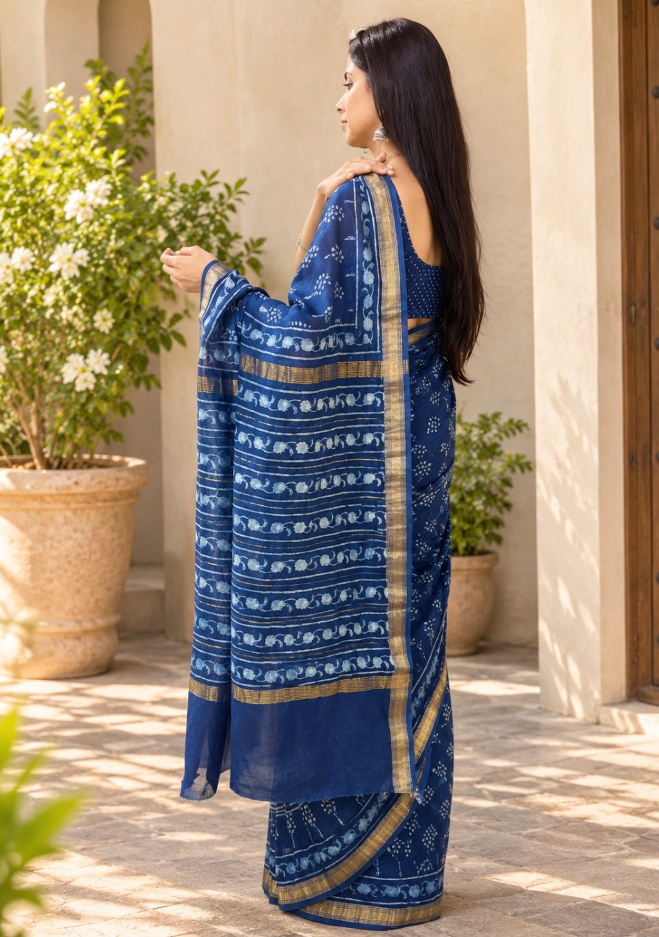 Aravalii Indigo Bloom Hand Block Chanderi Saree