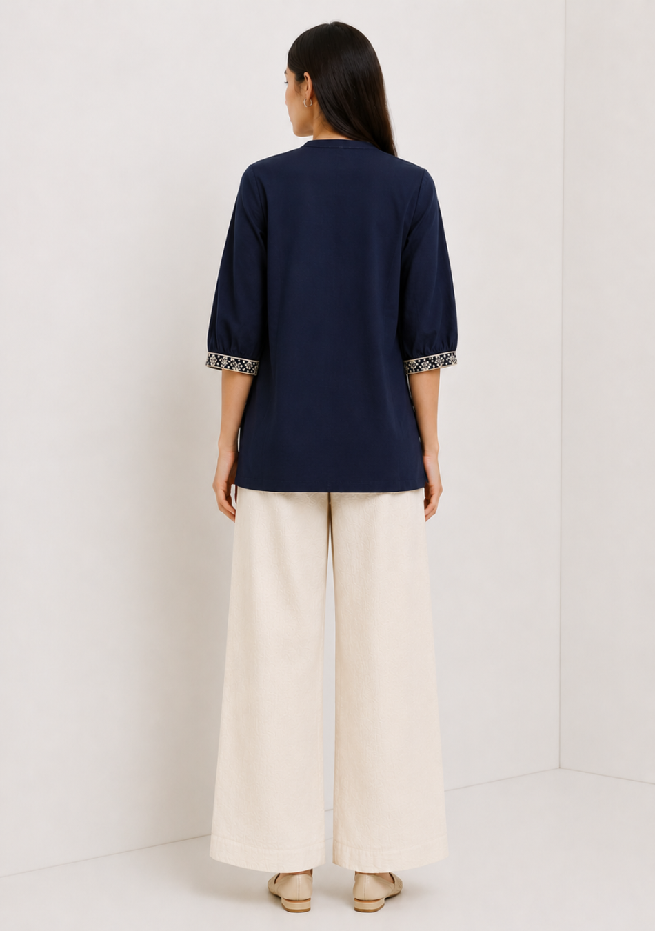 Black Scallop Hem Embroidered Top
