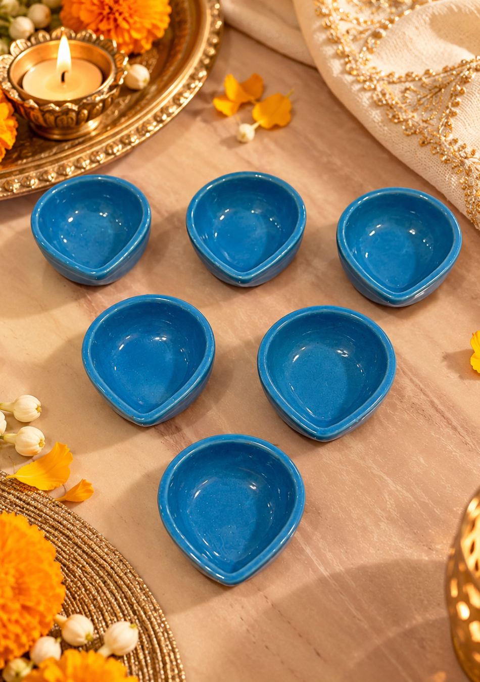 Aravalii Azure Teardrop Glow Ceramic Diya