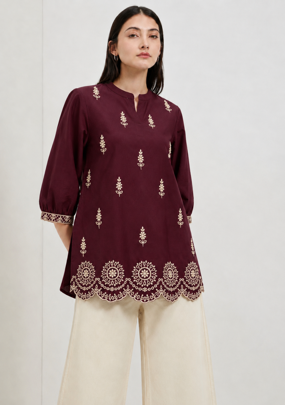 Wine Scallop Hem Embroidered Top