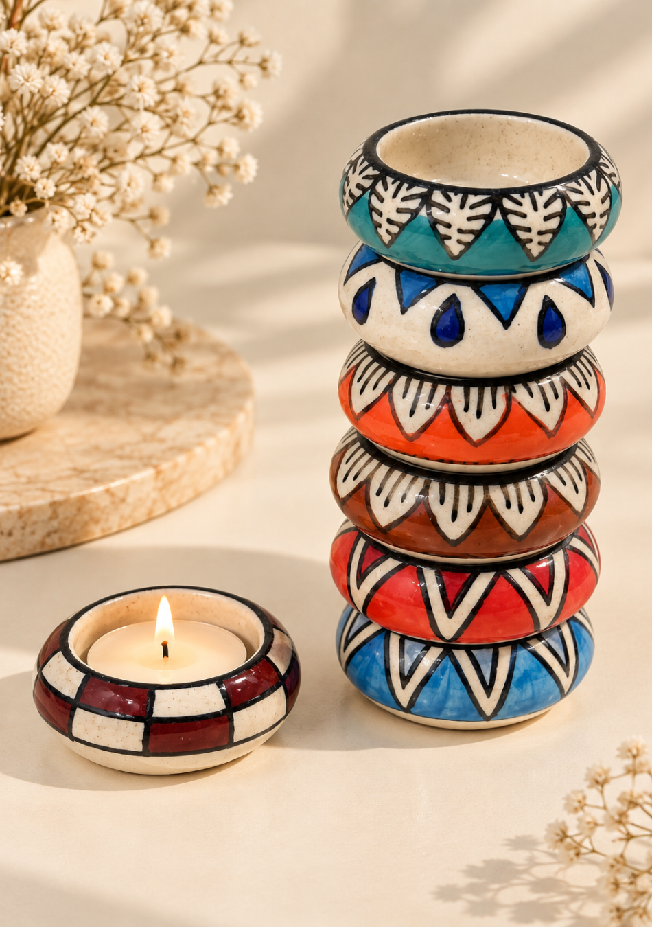 Blue Hand Painted assorted Diya - Set of 6