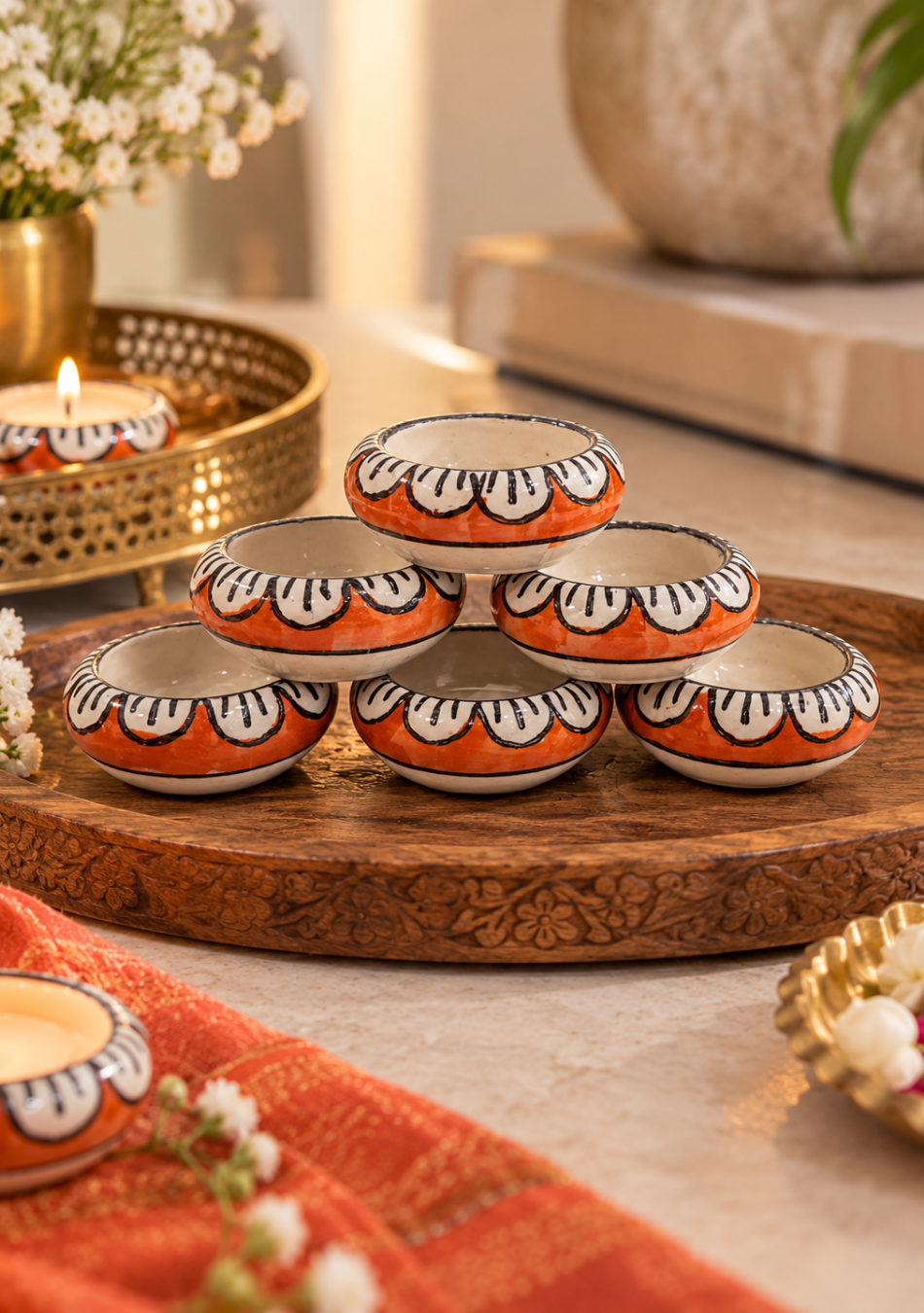 Aravalii Red Petals Ceramic Tea Light Diya Set of 6