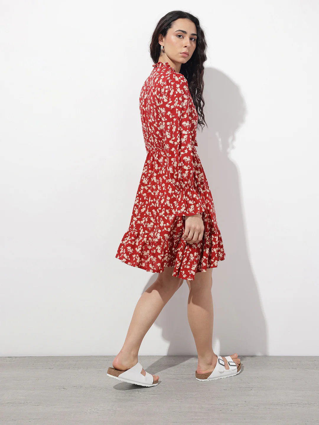 Aravalii Maroon Round Neck Floral Print Rayon Midi Dress