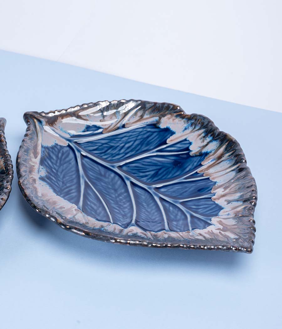 Leaf Blue-Grey Ceramic Platter Set
