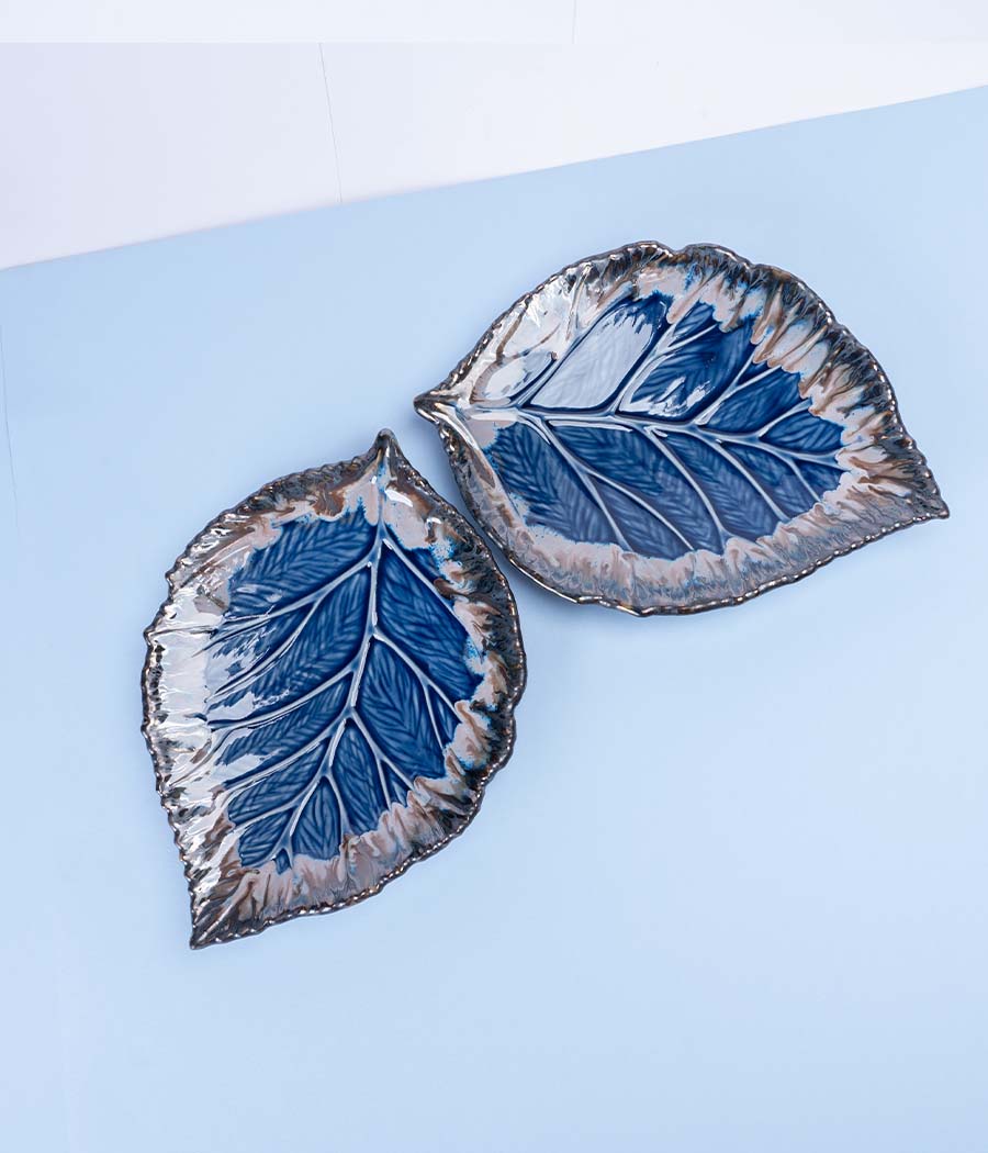 Leaf Blue-Grey Ceramic Platter Set