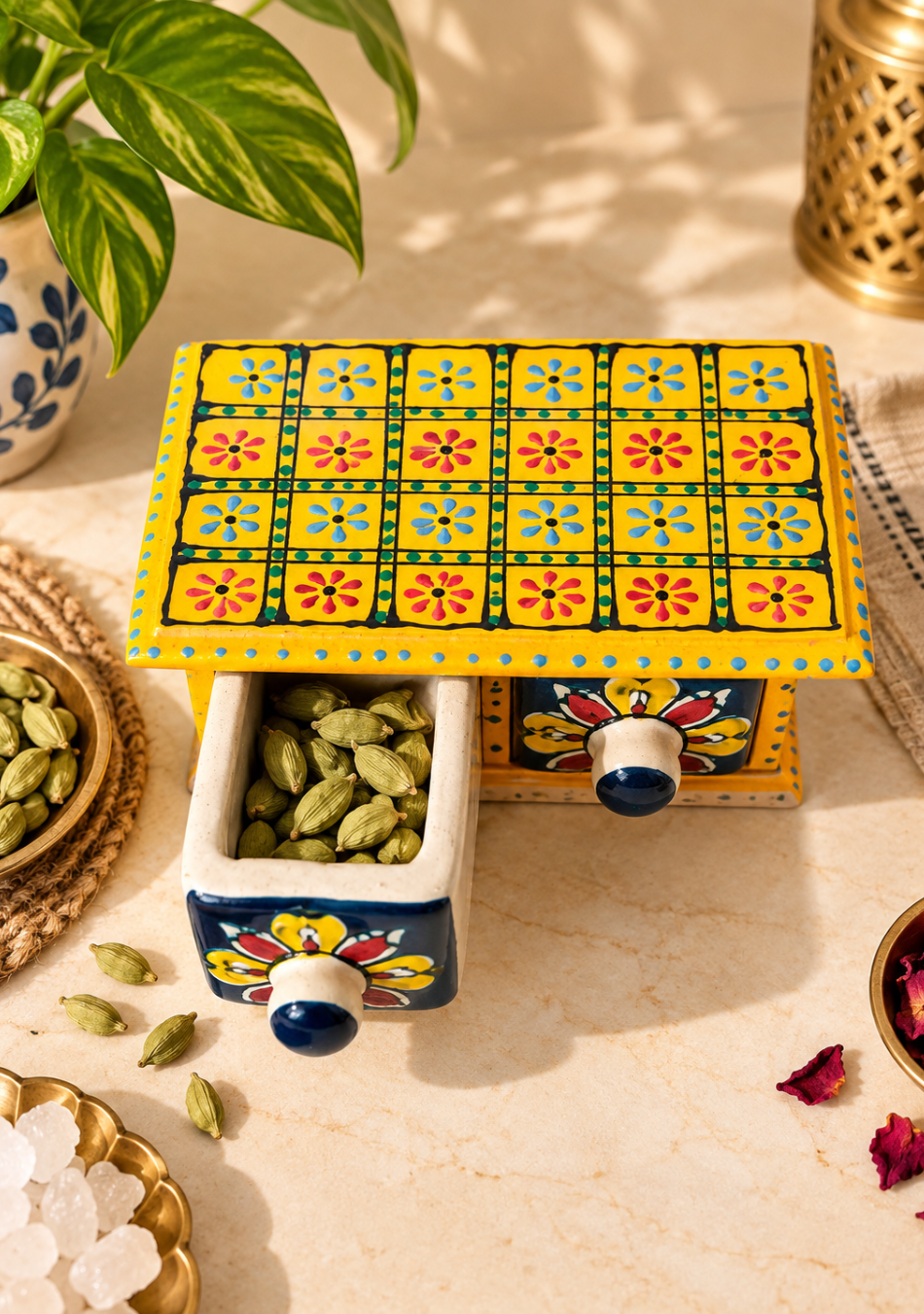 Aravalii Yellow Rangoli 2-Drawer Condiment Chest