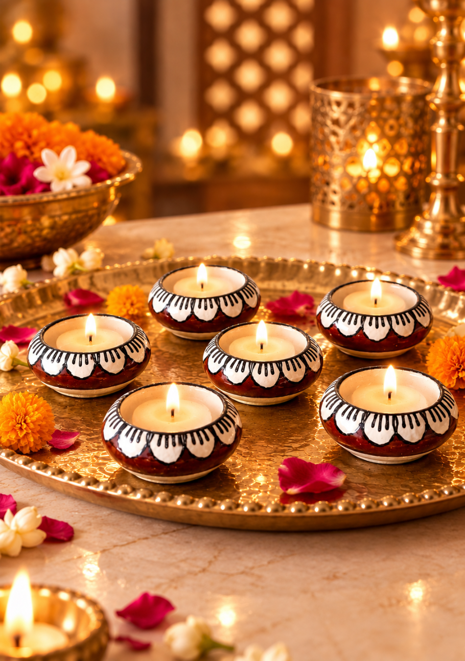 Brown leaf design Diya Set of 6