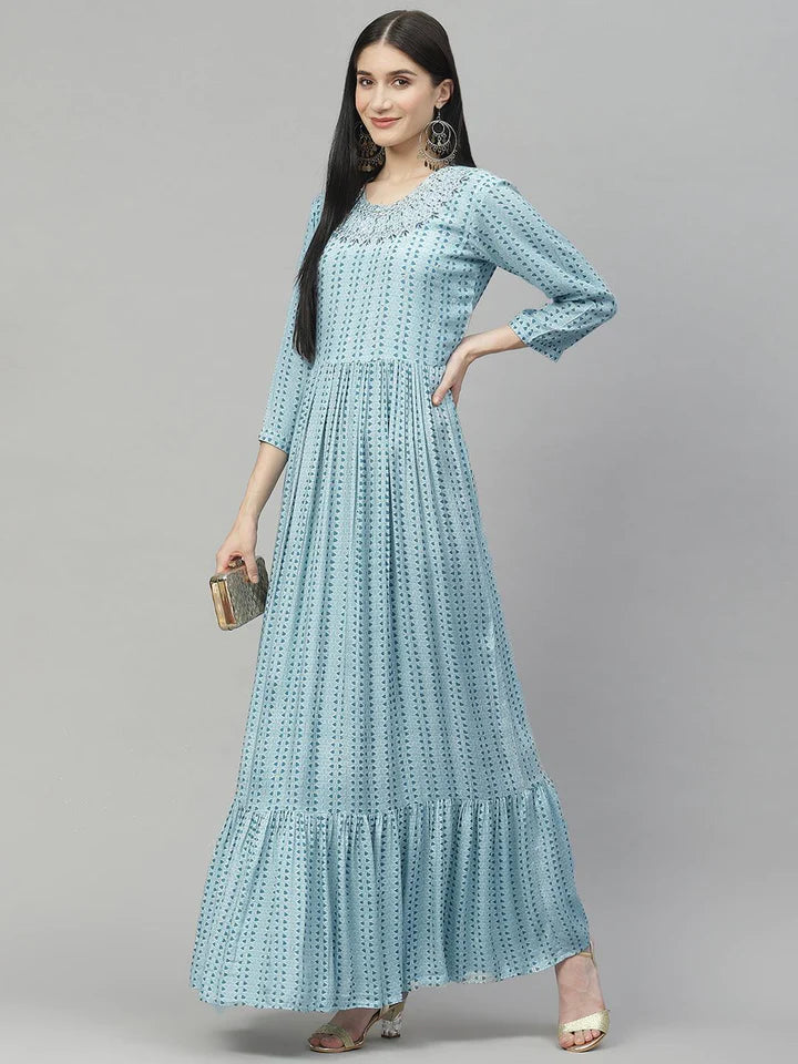 Blue Muslin Flared Gown