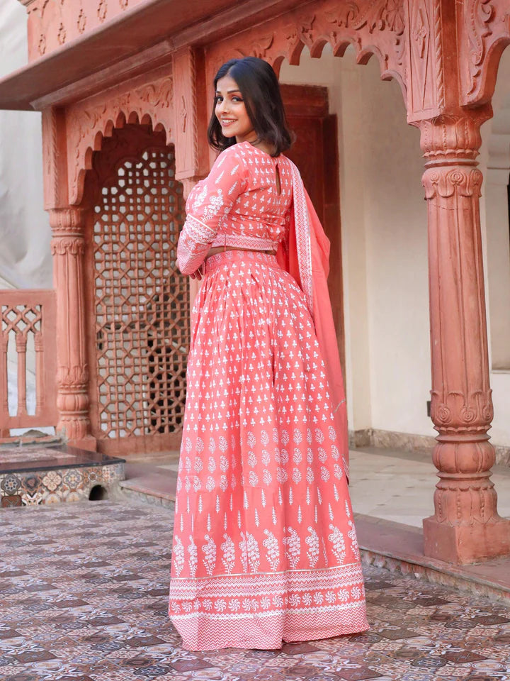 Pink Printed Crop Top, lehenga with Dupatta set