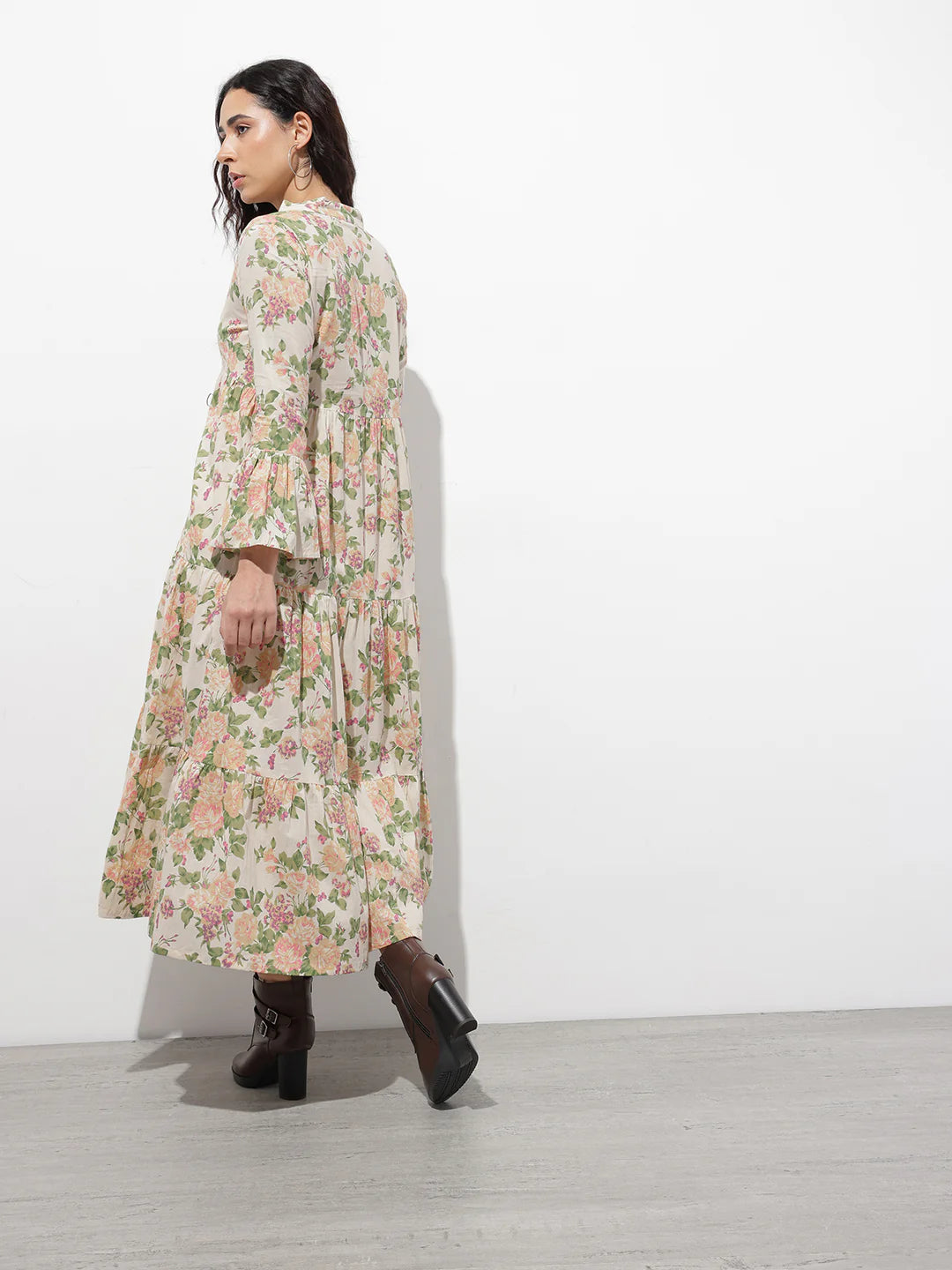 Aravalii Cream Mandarin Coller Floral Print Cotton Midi Dress