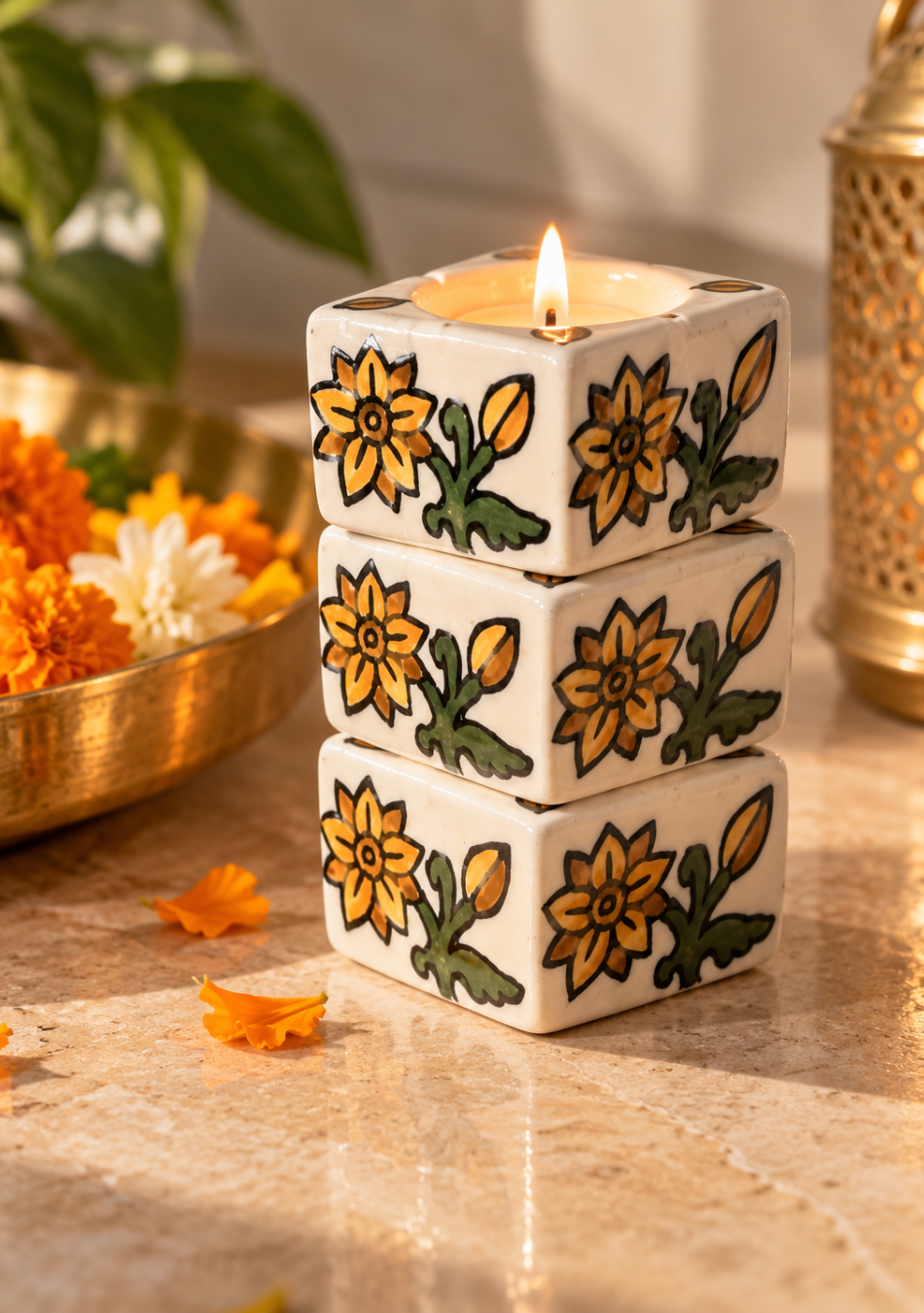 White Diya with Yellow Floral  Design -  Set of 6